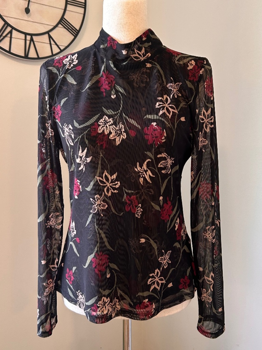 Ted Baker Floral Sheer Mesh Mock Neck Long Sleeve Top Black MEDIUM
